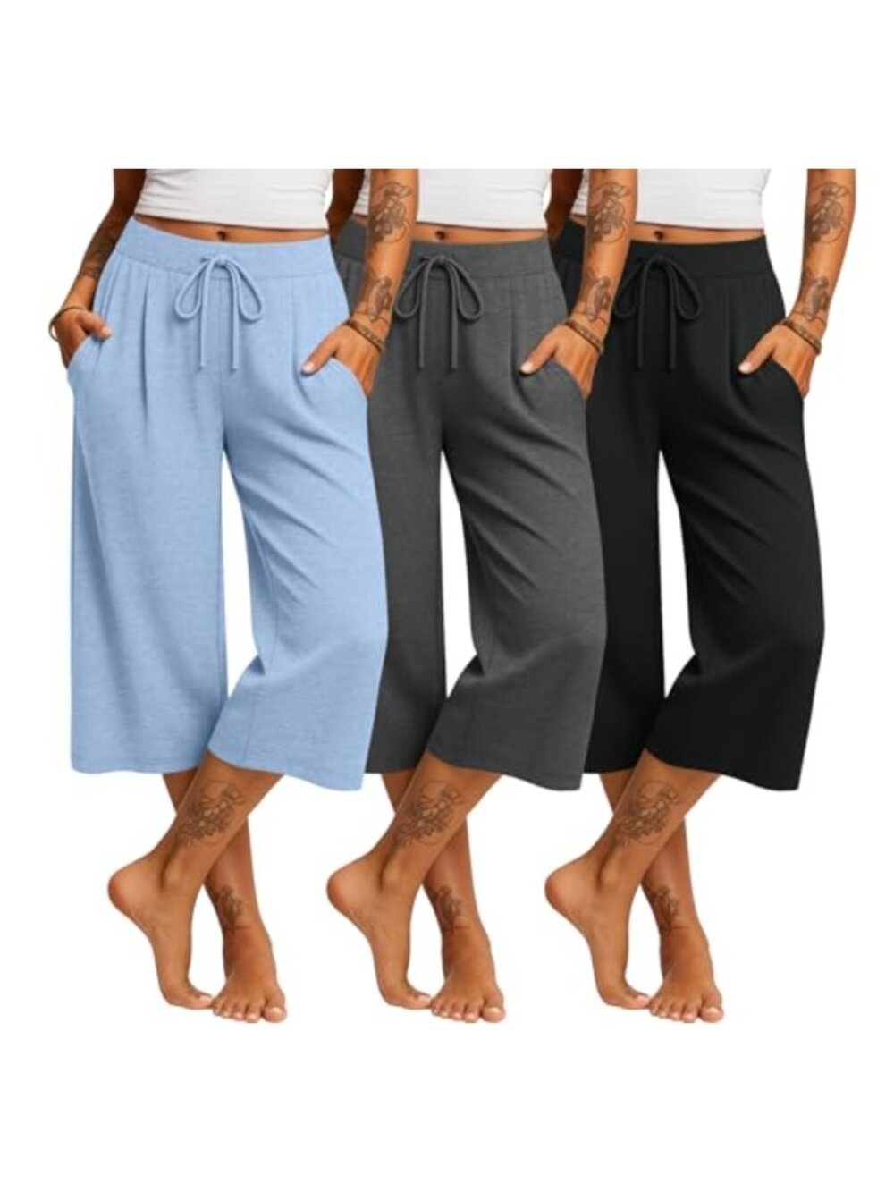 Wide Leg Capri Pants 3 Pack High Rise Drawstring Yoga Sweatpants with Pockets